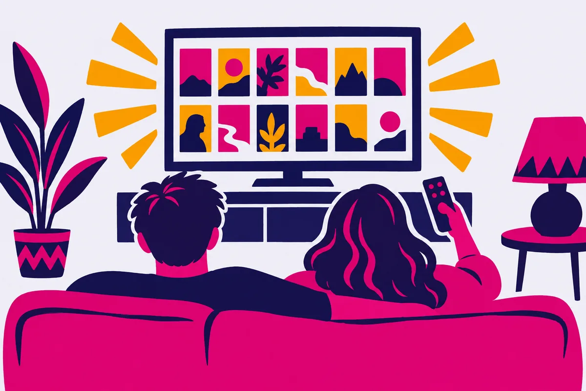 Dos personas en un sofá eligiendo qué ver en la tele